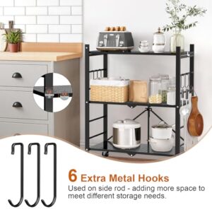 Himix Storage Shelves with 6 Hooks, 3 Tier Foldable Shelf with Wheels, Metal Storage Shelving Unit Rolling Cart, Utility Shelf Rack Organization Shelves for Garage, Pantry, Kitchen, Room, No Assembly