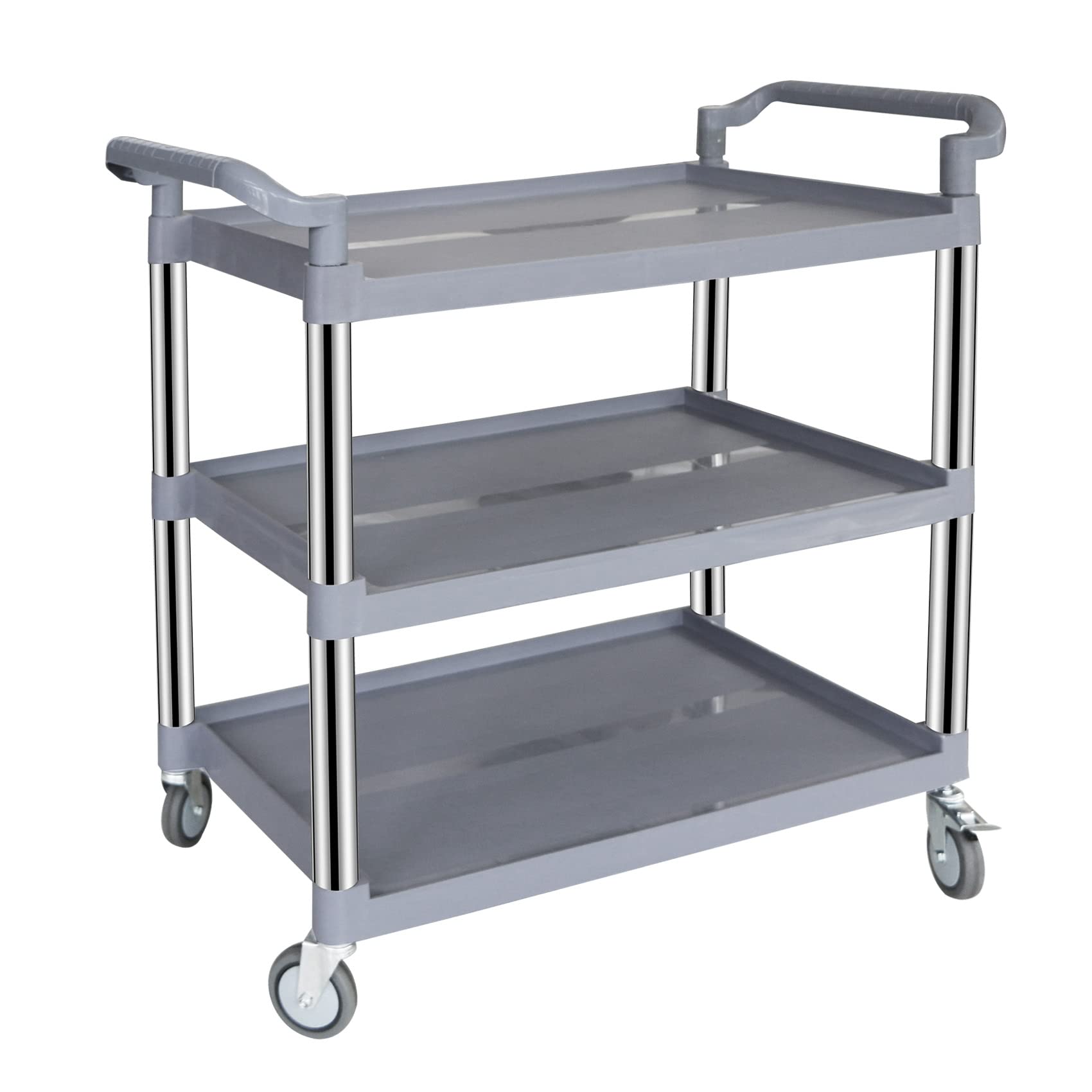 UNICOO Heavy Duty Plastic Utility Cart 550lbs, 3-Tier Rolling Service Cart with Lockable & Silent Wheels, Anti-Rust & Easy Clean for Restaurant, Office, Garage & More, 41x19.5x39 Inches (Gray)