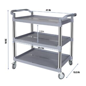 UNICOO Heavy Duty Plastic Utility Cart 550lbs, 3-Tier Rolling Service Cart with Lockable & Silent Wheels, Anti-Rust & Easy Clean for Restaurant, Office, Garage & More, 41x19.5x39 Inches (Gray)