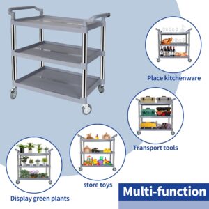 UNICOO Heavy Duty Plastic Utility Cart 550lbs, 3-Tier Rolling Service Cart with Lockable & Silent Wheels, Anti-Rust & Easy Clean for Restaurant, Office, Garage & More, 41x19.5x39 Inches (Gray)