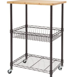 TRINITY BASICS 3 Tier Rolling Cart Kitchen Organizer with Bamboo Top, Metal Wire Storage Basket and Shelf for Household and Pantry Organization, Dark Bronze, 24” W x 18” D x 35” H