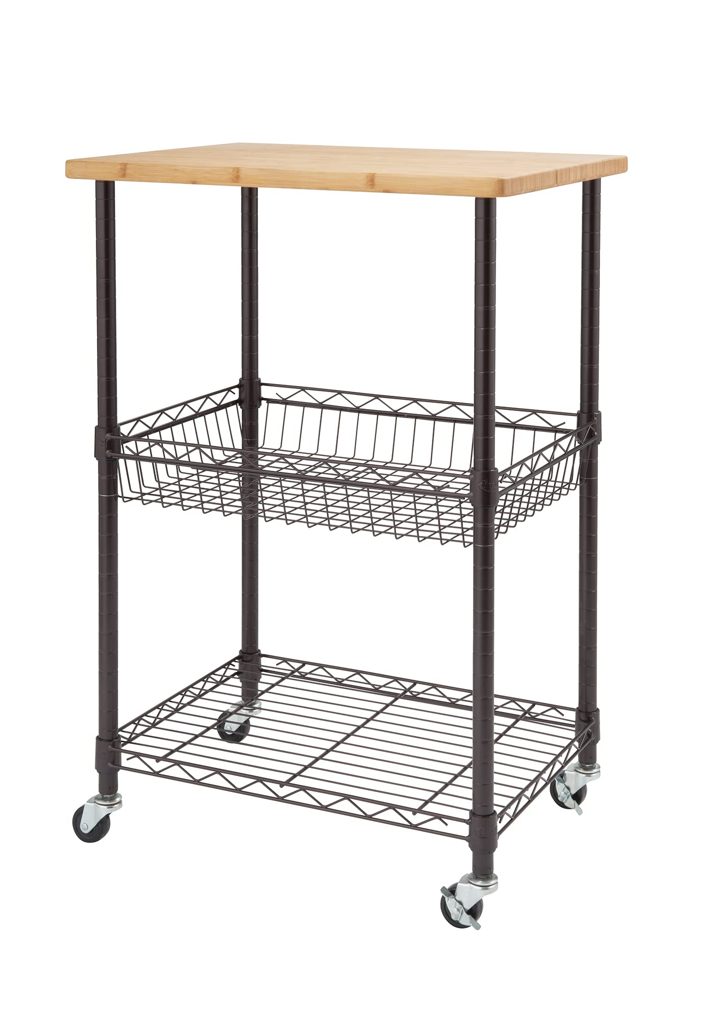 TRINITY BASICS 3 Tier Rolling Cart Kitchen Organizer with Bamboo Top, Metal Wire Storage Basket and Shelf for Household and Pantry Organization, Dark Bronze, 24” W x 18” D x 35” H