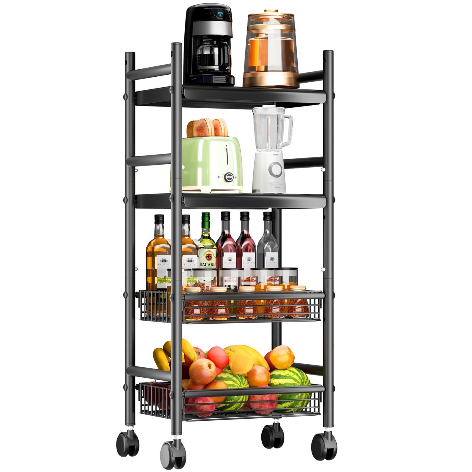 caktraie 4 Tier Rolling Cart, Kitchen Carts on Wheels with Storage and Steel Frame, Multifunctional Utility Cart with Wheels for Kitchen, Bathroom, Living Room, Bar, Office