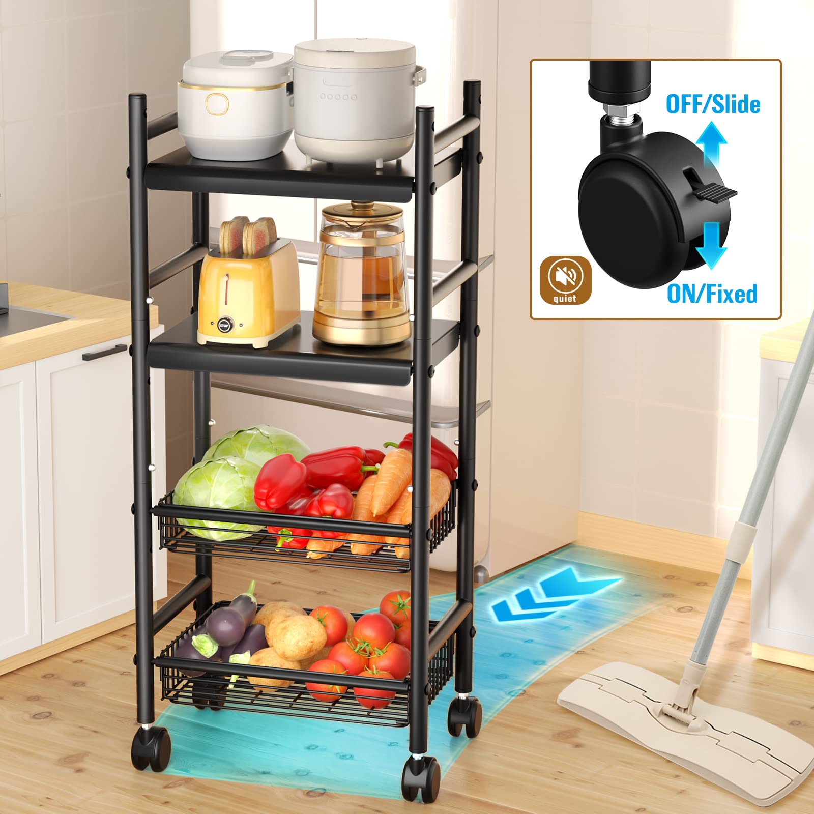 caktraie 4 Tier Rolling Cart, Kitchen Carts on Wheels with Storage and Steel Frame, Multifunctional Utility Cart with Wheels for Kitchen, Bathroom, Living Room, Bar, Office