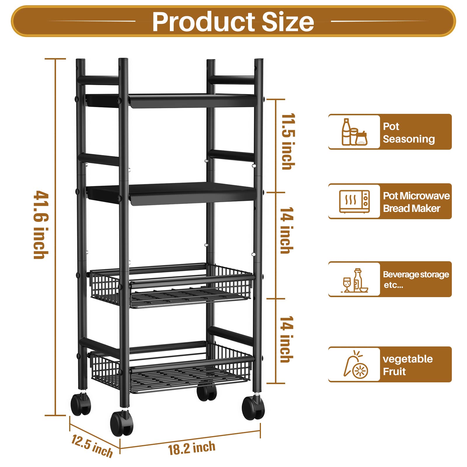 caktraie 4 Tier Rolling Cart, Kitchen Carts on Wheels with Storage and Steel Frame, Multifunctional Utility Cart with Wheels for Kitchen, Bathroom, Living Room, Bar, Office