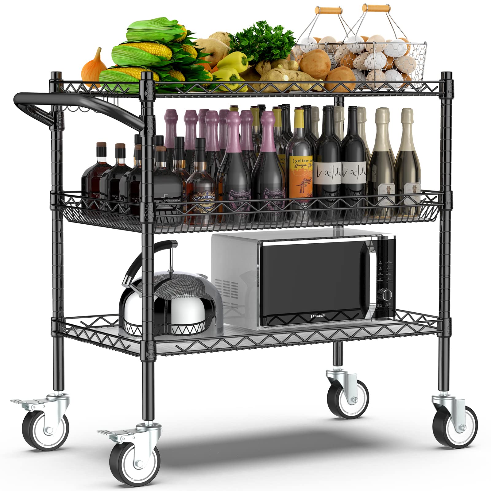 Leteuke 3 Tier Rolling Carts with Wheels,990Lbs Heavy Duty Rolling Utility Cart,NSF Commercial Grade Metal Cart with Handle&Shelf Liner,Trolley Serving Cart for Kitchen,Restaurant,Plant Display,Black