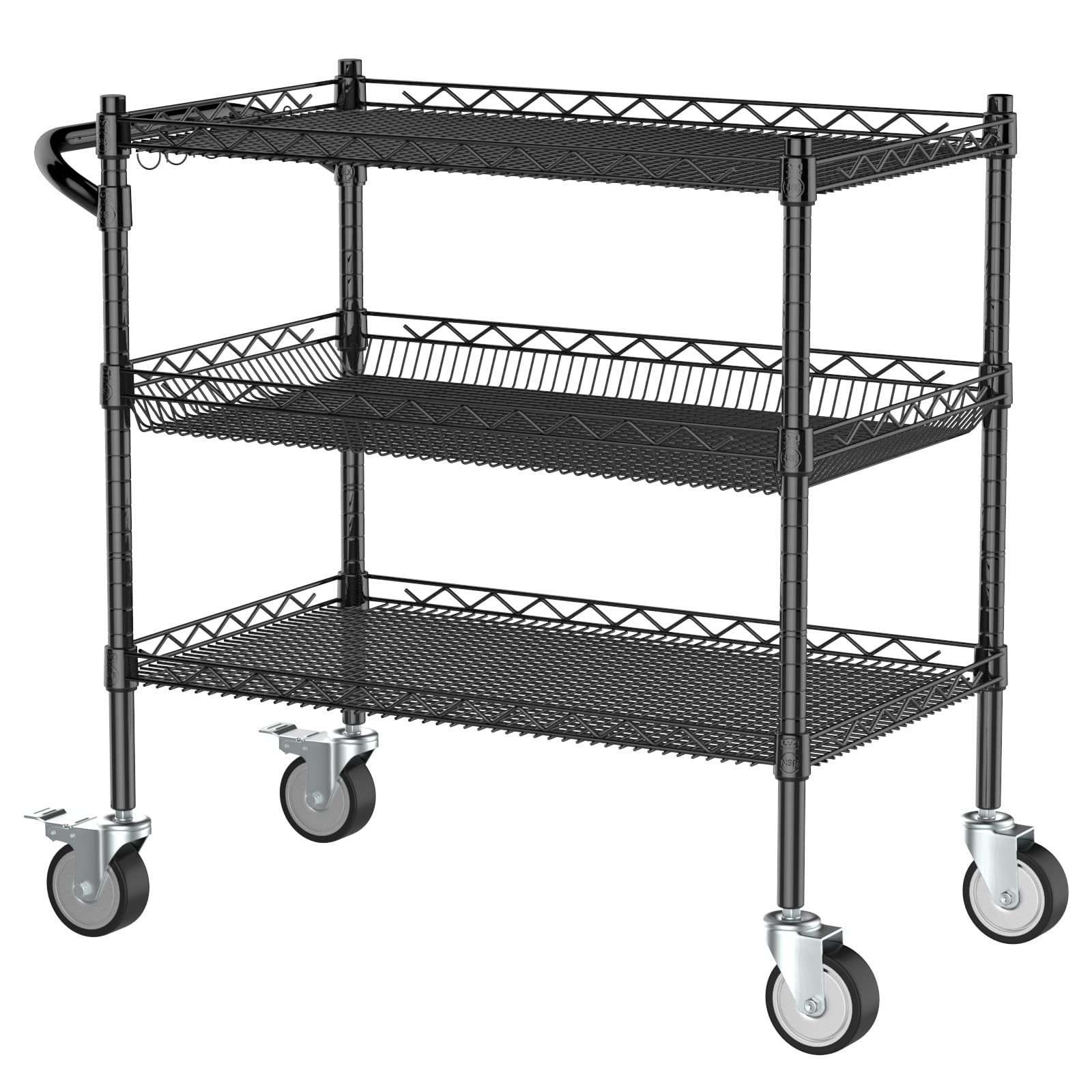 Leteuke 3 Tier Rolling Carts with Wheels,990Lbs Heavy Duty Rolling Utility Cart,NSF Commercial Grade Metal Cart with Handle&Shelf Liner,Trolley Serving Cart for Kitchen,Restaurant,Plant Display,Black