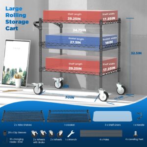Leteuke 3 Tier Rolling Carts with Wheels,990Lbs Heavy Duty Rolling Utility Cart,NSF Commercial Grade Metal Cart with Handle&Shelf Liner,Trolley Serving Cart for Kitchen,Restaurant,Plant Display,Black
