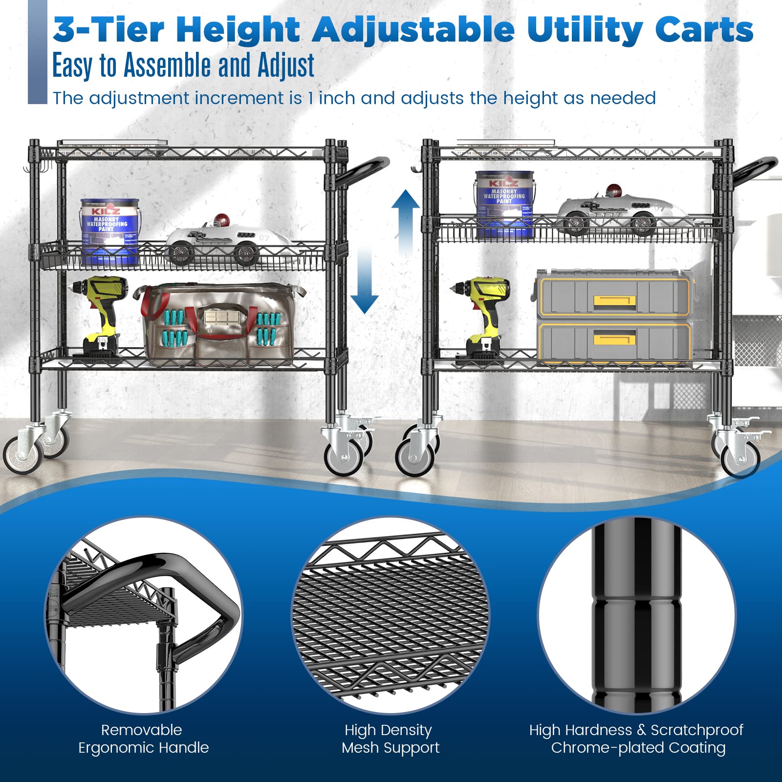 Leteuke 3 Tier Rolling Carts with Wheels,990Lbs Heavy Duty Rolling Utility Cart,NSF Commercial Grade Metal Cart with Handle&Shelf Liner,Trolley Serving Cart for Kitchen,Restaurant,Plant Display,Black