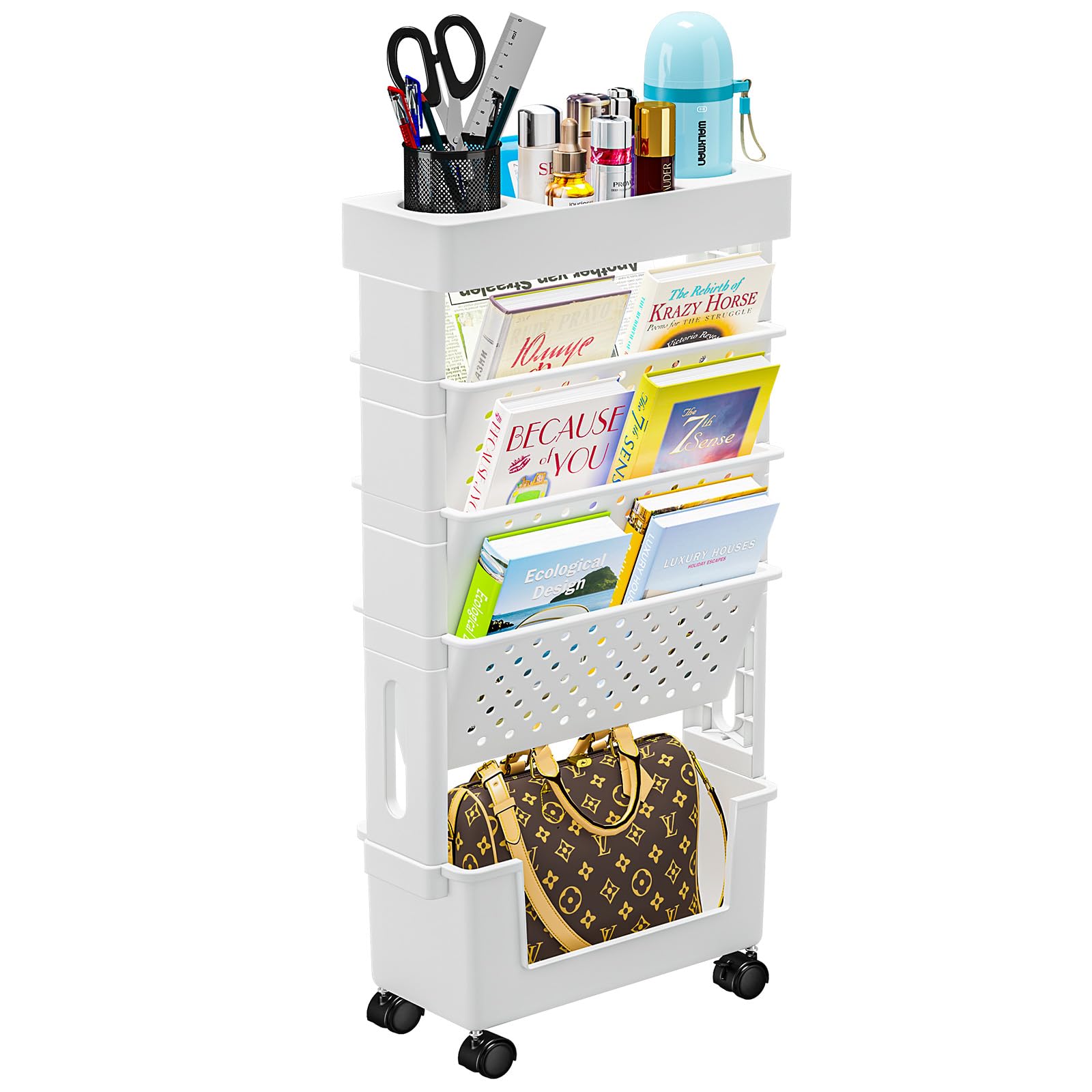 5 Tier Book Rack Storage Bookshelf, Rolling Utility Cart Multi-Functional Movable Storage Book Shelves with Lockable Casters, Mobile Bookshelf with Wheels, Movable Unique Bookcase Small Rolling Cart