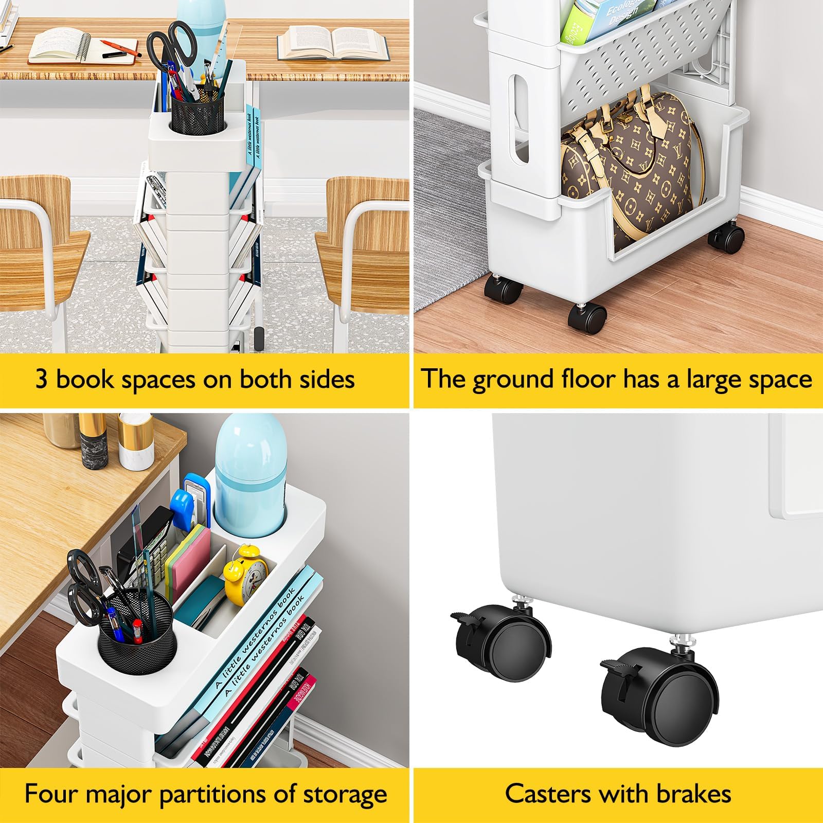 5 Tier Book Rack Storage Bookshelf, Rolling Utility Cart Multi-Functional Movable Storage Book Shelves with Lockable Casters, Mobile Bookshelf with Wheels, Movable Unique Bookcase Small Rolling Cart