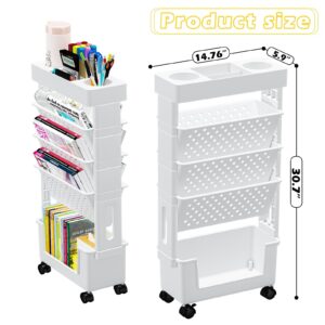 5 Tier Book Rack Storage Bookshelf, Rolling Utility Cart Multi-Functional Movable Storage Book Shelves with Lockable Casters, Mobile Bookshelf with Wheels, Movable Unique Bookcase Small Rolling Cart