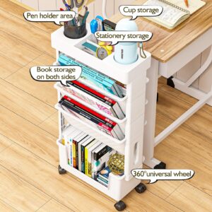 5 Tier Book Rack Storage Bookshelf, Rolling Utility Cart Multi-Functional Movable Storage Book Shelves with Lockable Casters, Mobile Bookshelf with Wheels, Movable Unique Bookcase Small Rolling Cart