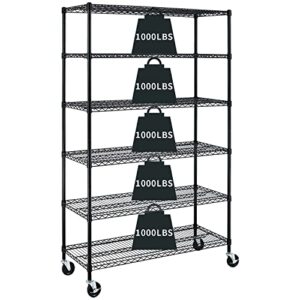 Garage Shelving, 78"x48"x18" Metal Shelves 6 Tier Wire Shelving Unit Adjustable Heavy Duty Sturdy Steel Shelving Rolling Cart with Casters for Pantry Garage Kitchen (Black)