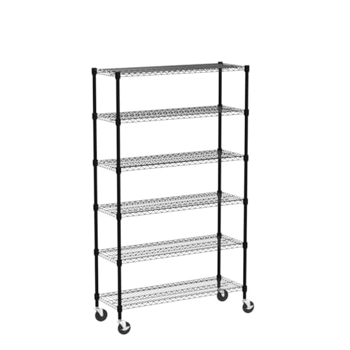 Garage Shelving, 78"x48"x18" Metal Shelves 6 Tier Wire Shelving Unit Adjustable Heavy Duty Sturdy Steel Shelving Rolling Cart with Casters for Pantry Garage Kitchen (Black)