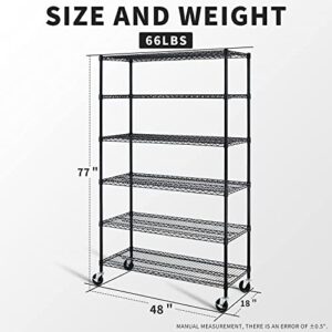 Garage Shelving, 78"x48"x18" Metal Shelves 6 Tier Wire Shelving Unit Adjustable Heavy Duty Sturdy Steel Shelving Rolling Cart with Casters for Pantry Garage Kitchen (Black)