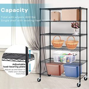 Garage Shelving, 78"x48"x18" Metal Shelves 6 Tier Wire Shelving Unit Adjustable Heavy Duty Sturdy Steel Shelving Rolling Cart with Casters for Pantry Garage Kitchen (Black)