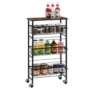 4-tier slim storage cart with slide-out wire baskets, kitchen rolling utility cart narrow storage shelf with wooden tabletop & wooden handle & wheels for bathroom laundry kitchen narrow spaces