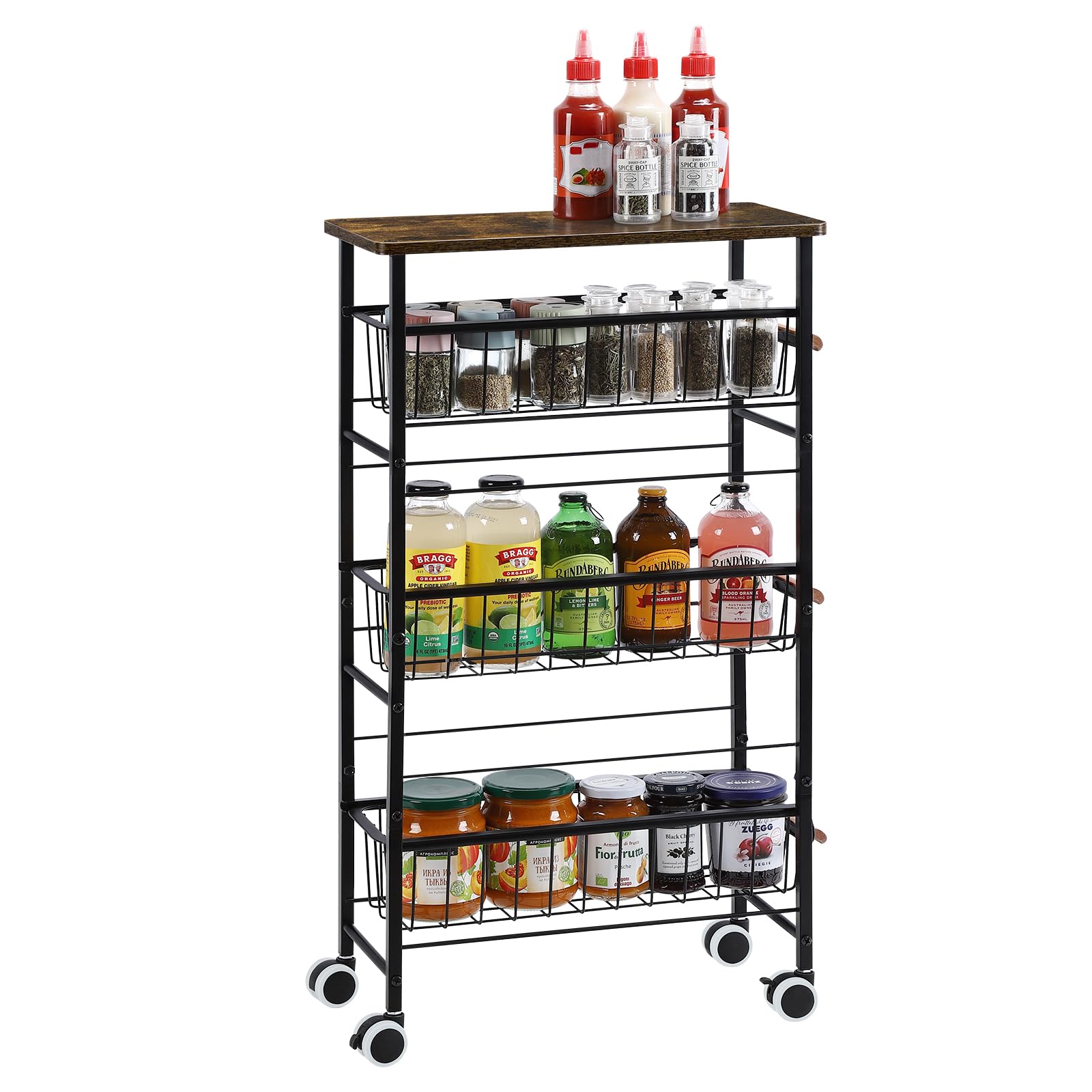 4-Tier Slim Storage Cart with Slide-Out Wire Baskets, Kitchen Rolling Utility Cart Narrow Storage Shelf with Wooden Tabletop & Wooden Handle & Wheels for Bathroom Laundry Kitchen Narrow Spaces