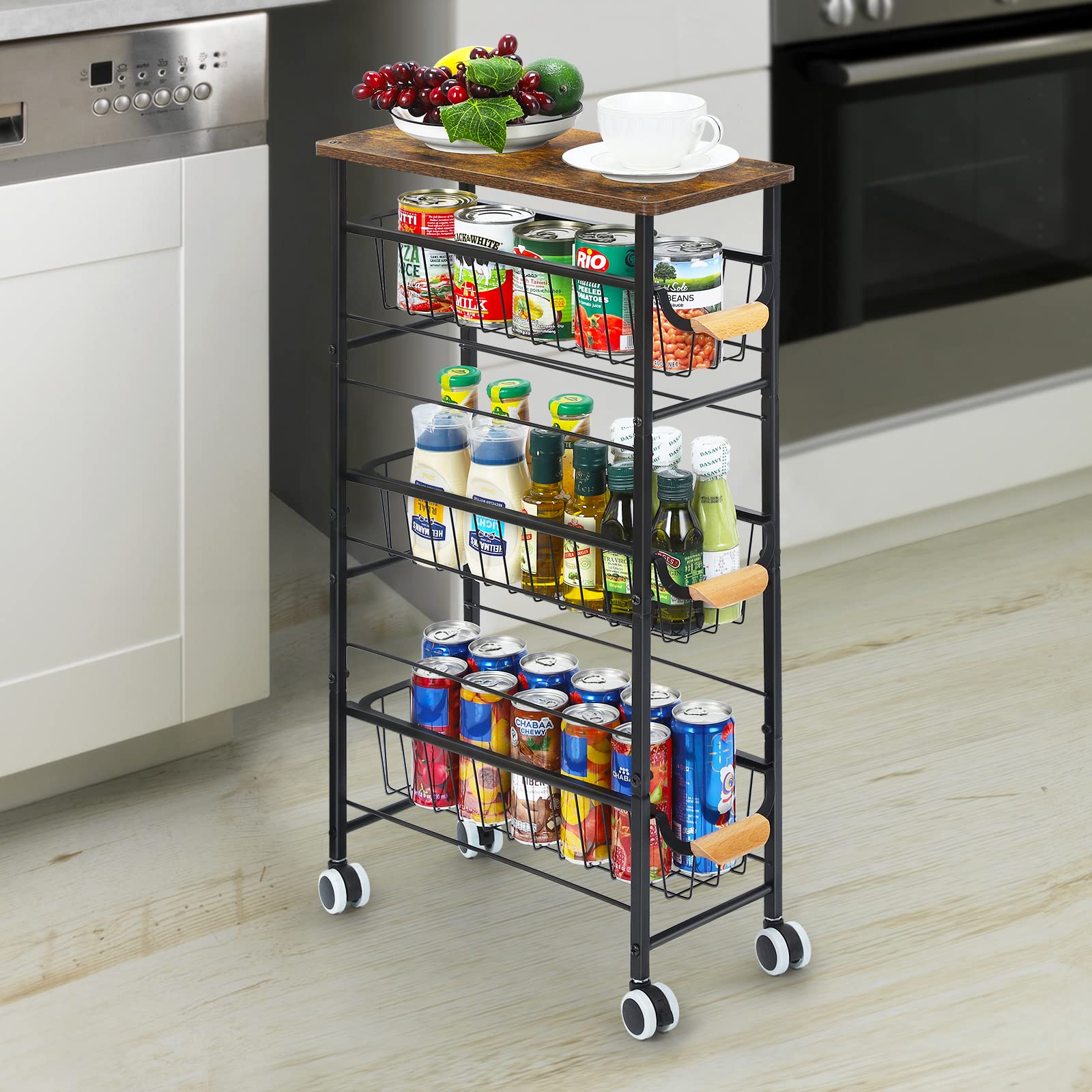 4-Tier Slim Storage Cart with Slide-Out Wire Baskets, Kitchen Rolling Utility Cart Narrow Storage Shelf with Wooden Tabletop & Wooden Handle & Wheels for Bathroom Laundry Kitchen Narrow Spaces