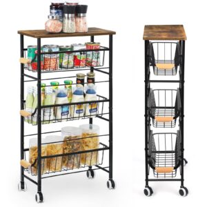 4-Tier Slim Storage Cart with Slide-Out Wire Baskets, Kitchen Rolling Utility Cart Narrow Storage Shelf with Wooden Tabletop & Wooden Handle & Wheels for Bathroom Laundry Kitchen Narrow Spaces