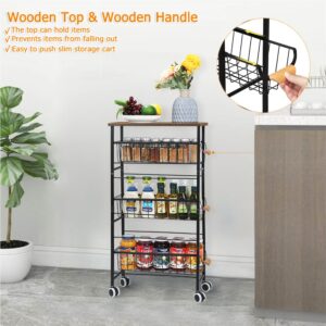 4-Tier Slim Storage Cart with Slide-Out Wire Baskets, Kitchen Rolling Utility Cart Narrow Storage Shelf with Wooden Tabletop & Wooden Handle & Wheels for Bathroom Laundry Kitchen Narrow Spaces