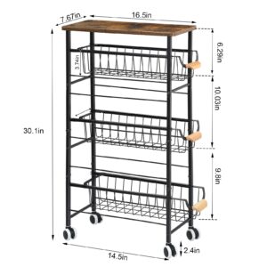 4-Tier Slim Storage Cart with Slide-Out Wire Baskets, Kitchen Rolling Utility Cart Narrow Storage Shelf with Wooden Tabletop & Wooden Handle & Wheels for Bathroom Laundry Kitchen Narrow Spaces