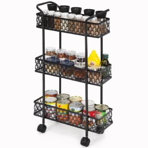 Tuenort Slim Storage Cart, 3 Tier Kitchen Rolling Cart on Wheels, Mobile Metal Pantry Cart Rack for Bathroom Laundry, Rolling Utility Cart for Narrow Places Black