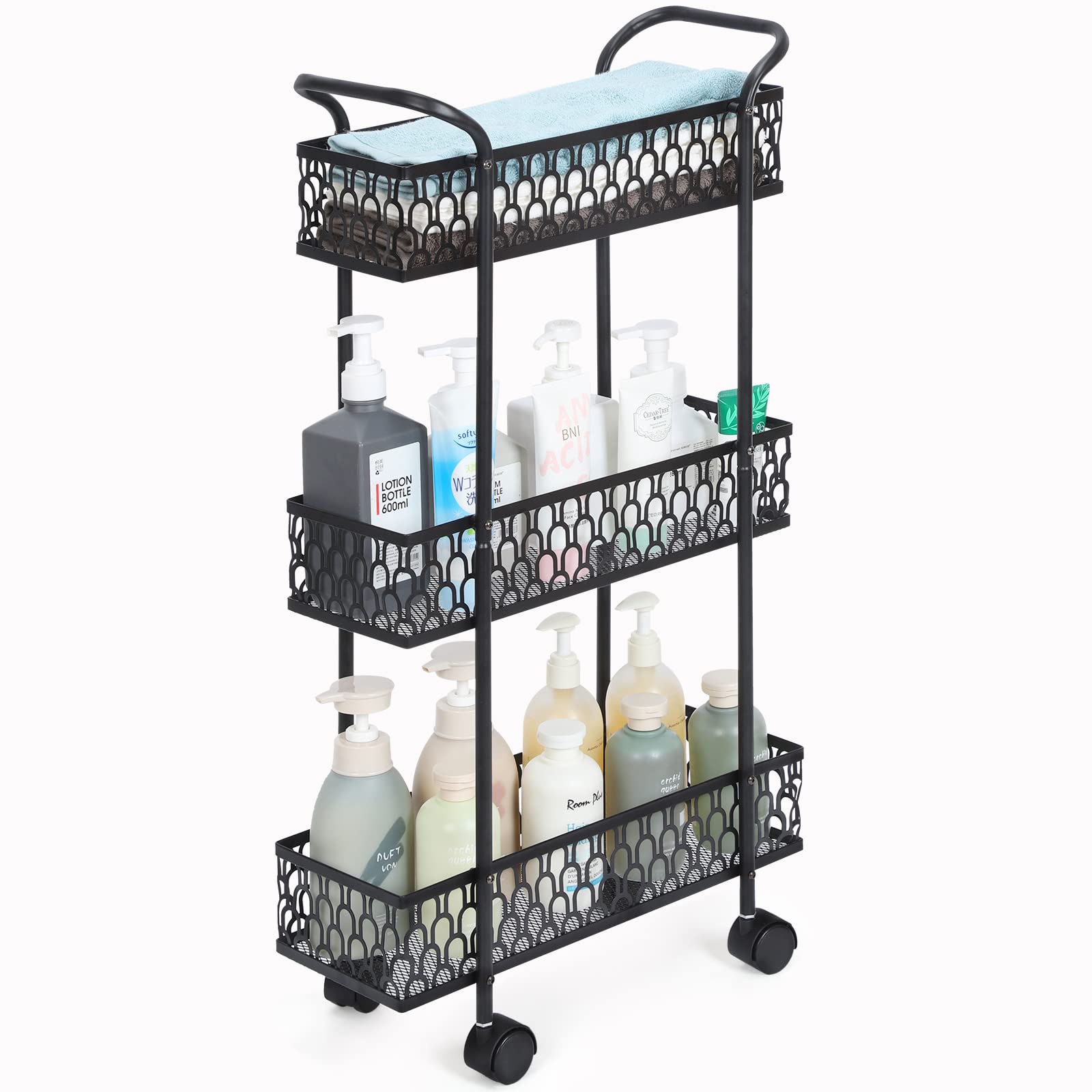 Tuenort Slim Storage Cart, 3 Tier Kitchen Rolling Cart on Wheels, Mobile Metal Pantry Cart Rack for Bathroom Laundry, Rolling Utility Cart for Narrow Places Black