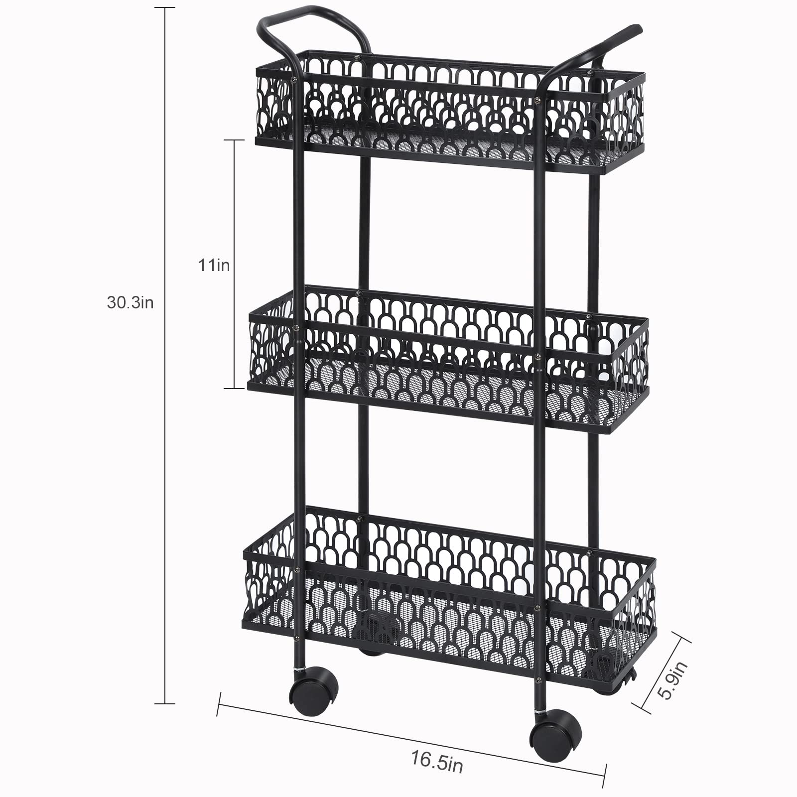 Tuenort Slim Storage Cart, 3 Tier Kitchen Rolling Cart on Wheels, Mobile Metal Pantry Cart Rack for Bathroom Laundry, Rolling Utility Cart for Narrow Places Black