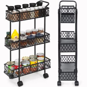 Tuenort Slim Storage Cart, 3 Tier Kitchen Rolling Cart on Wheels, Mobile Metal Pantry Cart Rack for Bathroom Laundry, Rolling Utility Cart for Narrow Places Black