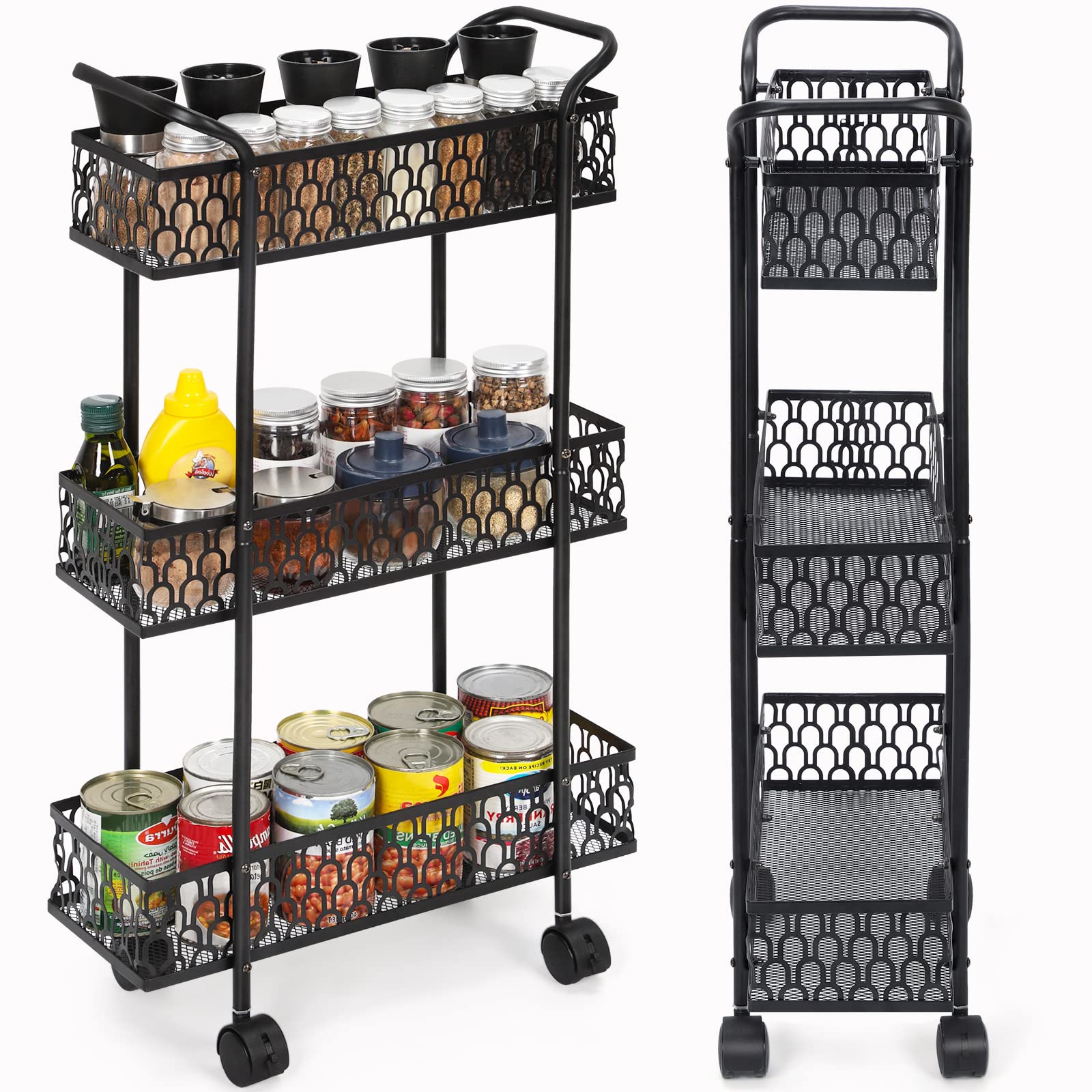 Tuenort Slim Storage Cart, 3 Tier Kitchen Rolling Cart on Wheels, Mobile Metal Pantry Cart Rack for Bathroom Laundry, Rolling Utility Cart for Narrow Places Black