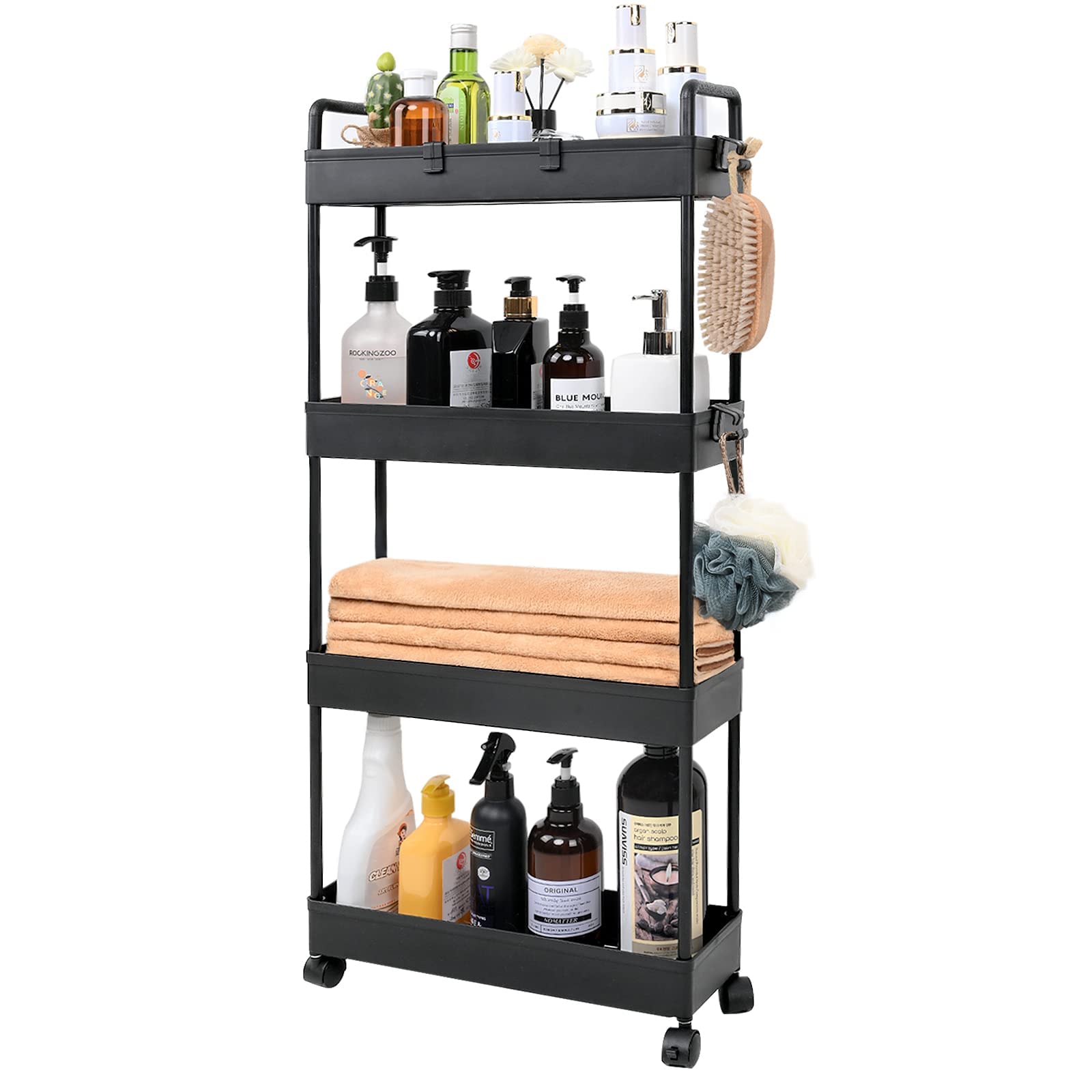 Arogan Slim Rolling Storage Cart with Wheels, 4 Tier Bathroom Storage Cart Laundry Room Organizer, Rolling Utility Cart for Kitchen, Bathroom, Laundry Room, Office, Narrow Place(Black)