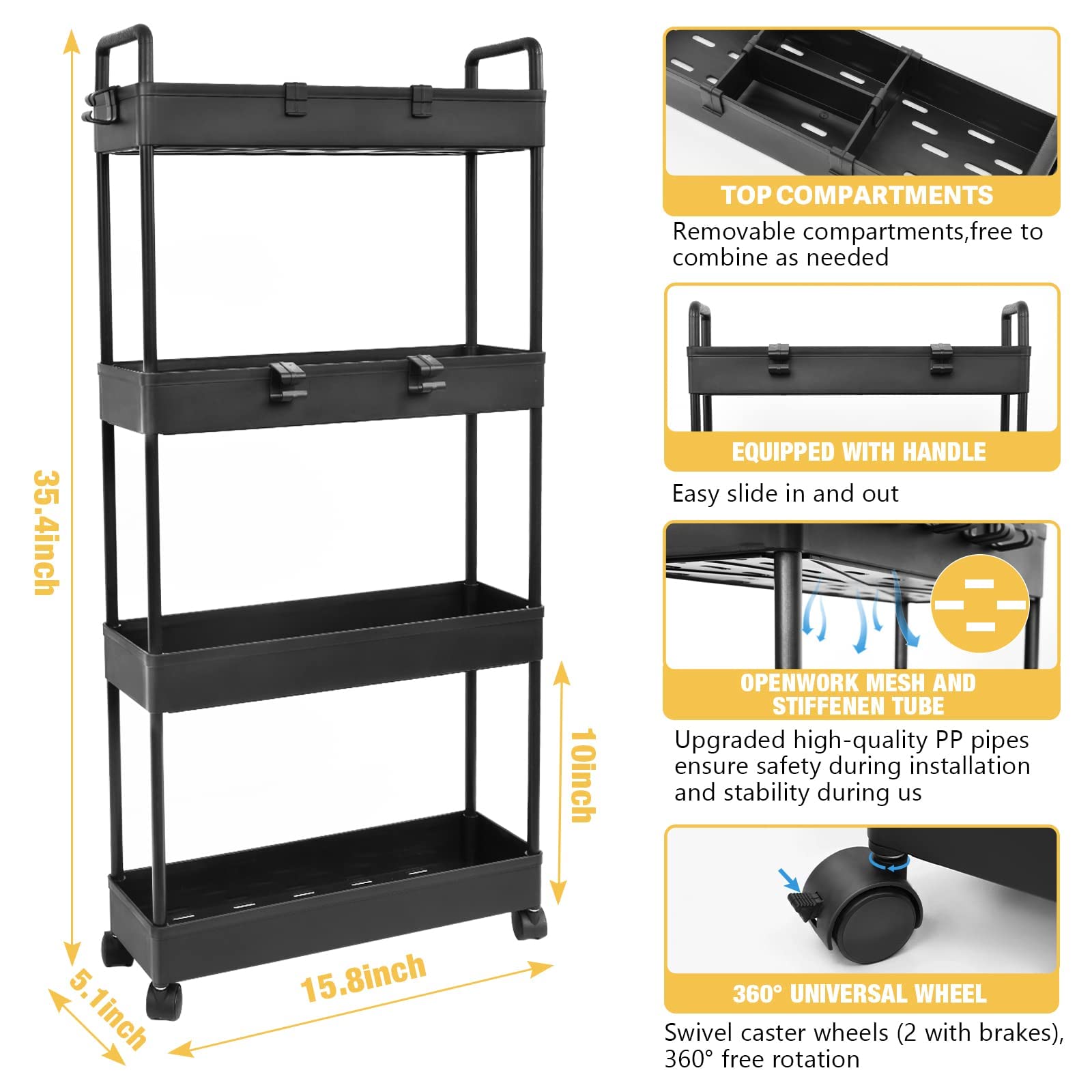 Arogan Slim Rolling Storage Cart with Wheels, 4 Tier Bathroom Storage Cart Laundry Room Organizer, Rolling Utility Cart for Kitchen, Bathroom, Laundry Room, Office, Narrow Place(Black)