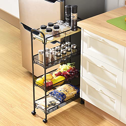 KINGRACK 4-Tier Slim Rolling Cart,Metal Utility Cart,Slide Out Storage Cart with Wooden Tabletop and Mesh Baskets for Narrow Space on Kitchen Bathroom Laundry Room Bedroom Apartments Dormitory, Black