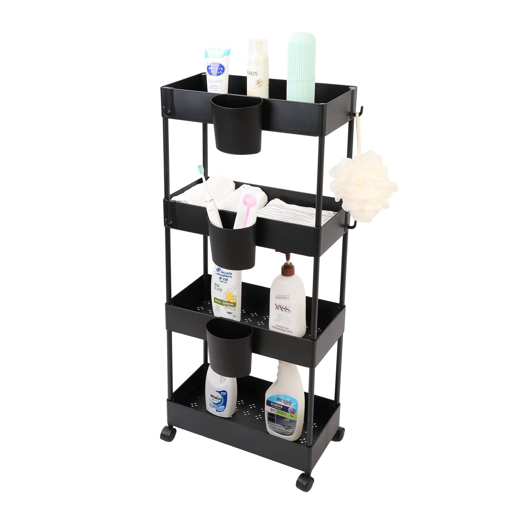 JAKAGO 6-Pack Little Hanging Bucket - Hanging Cup Holder for Rolling Cart Shelf Wall Storage Box for Kitchen Living Room Bathroom Desktop Cleaning Trash Can(Black)