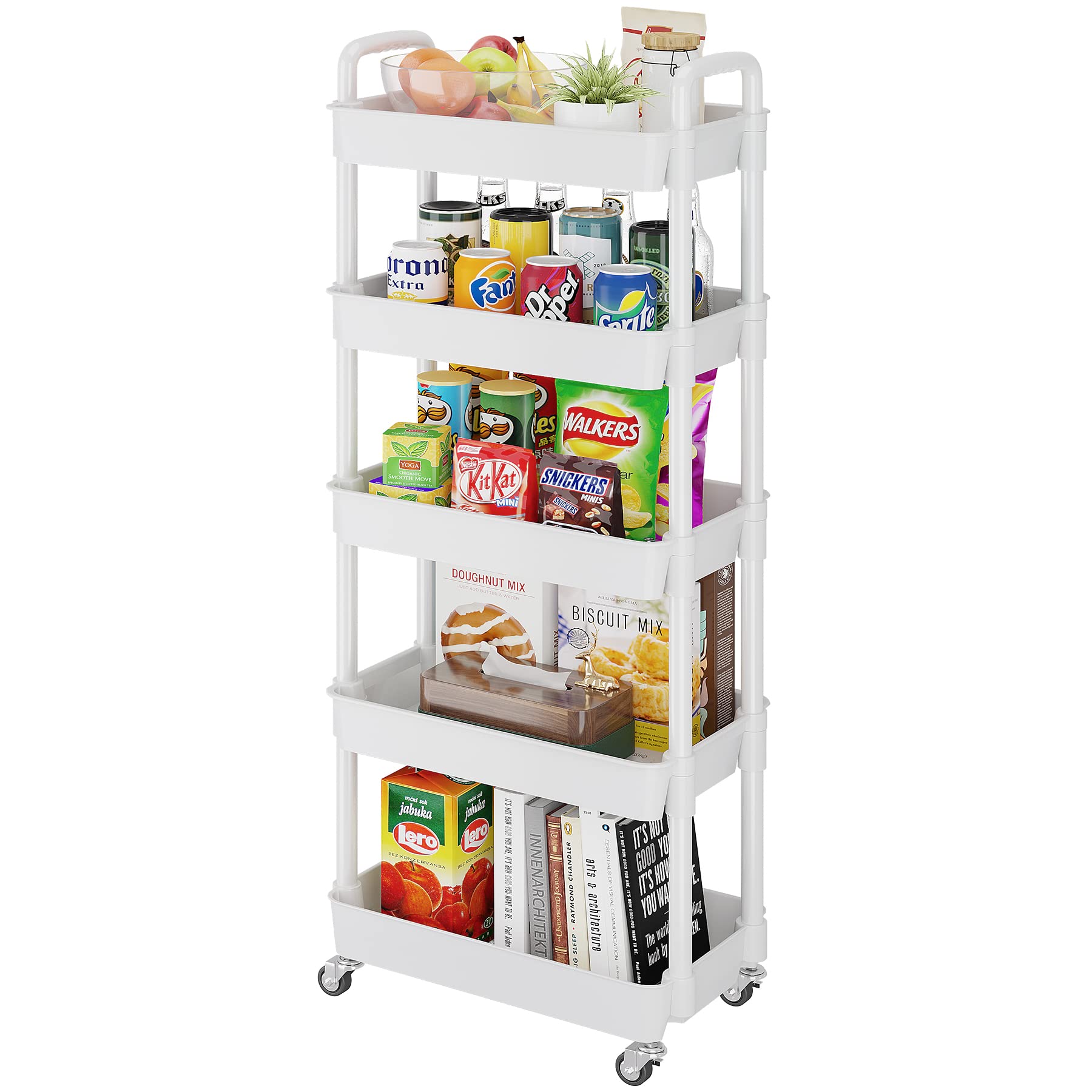 Buzowruil 5-Tier Utility Rolling Plastic Storage Cart Trolley with Lockable Wheels,Multifunctional Storage Shelves for Kitchen Living Room Office,White