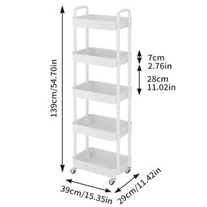 Buzowruil 5-Tier Utility Rolling Plastic Storage Cart Trolley with Lockable Wheels,Multifunctional Storage Shelves for Kitchen Living Room Office,White