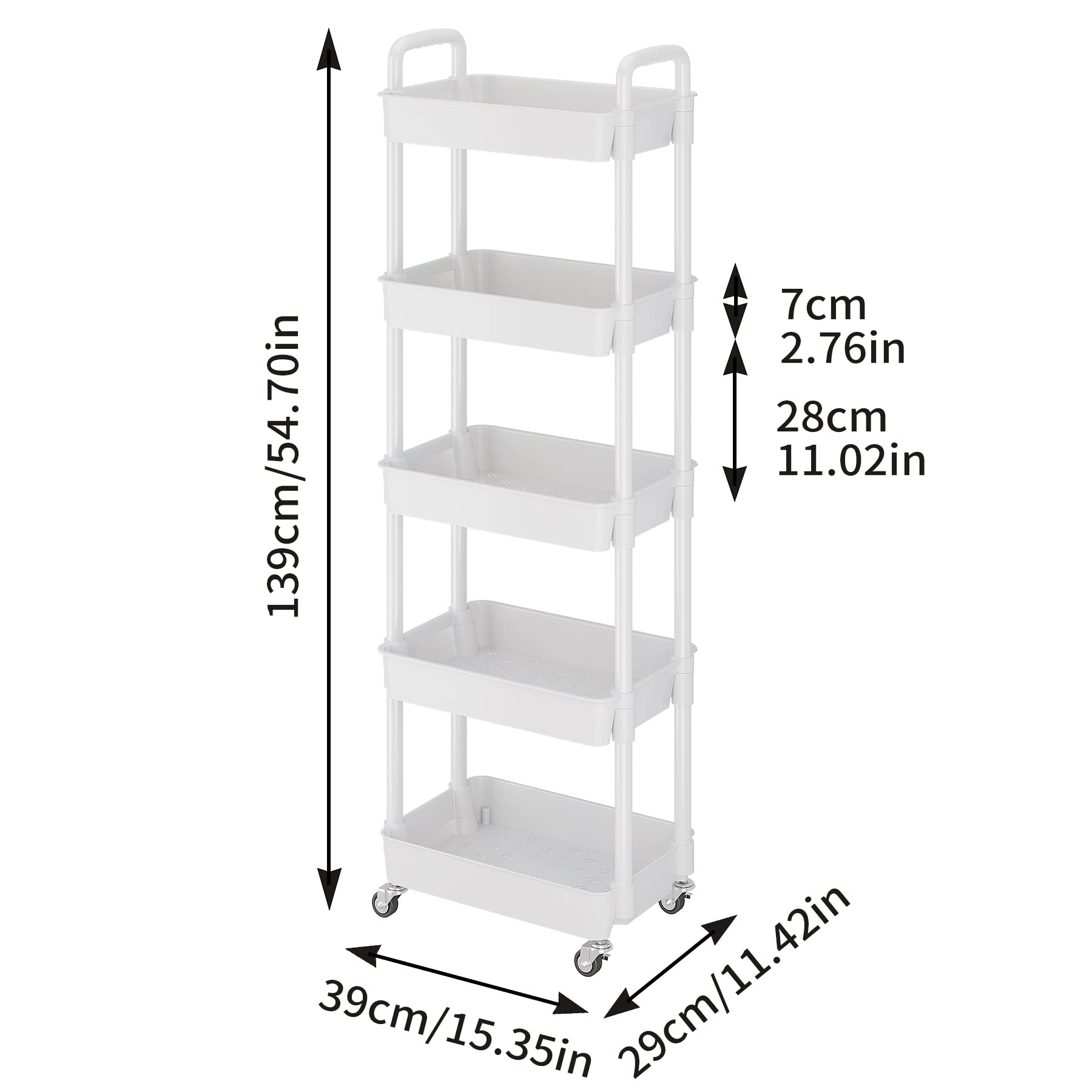 Buzowruil 5-Tier Utility Rolling Plastic Storage Cart Trolley with Lockable Wheels,Multifunctional Storage Shelves for Kitchen Living Room Office,White