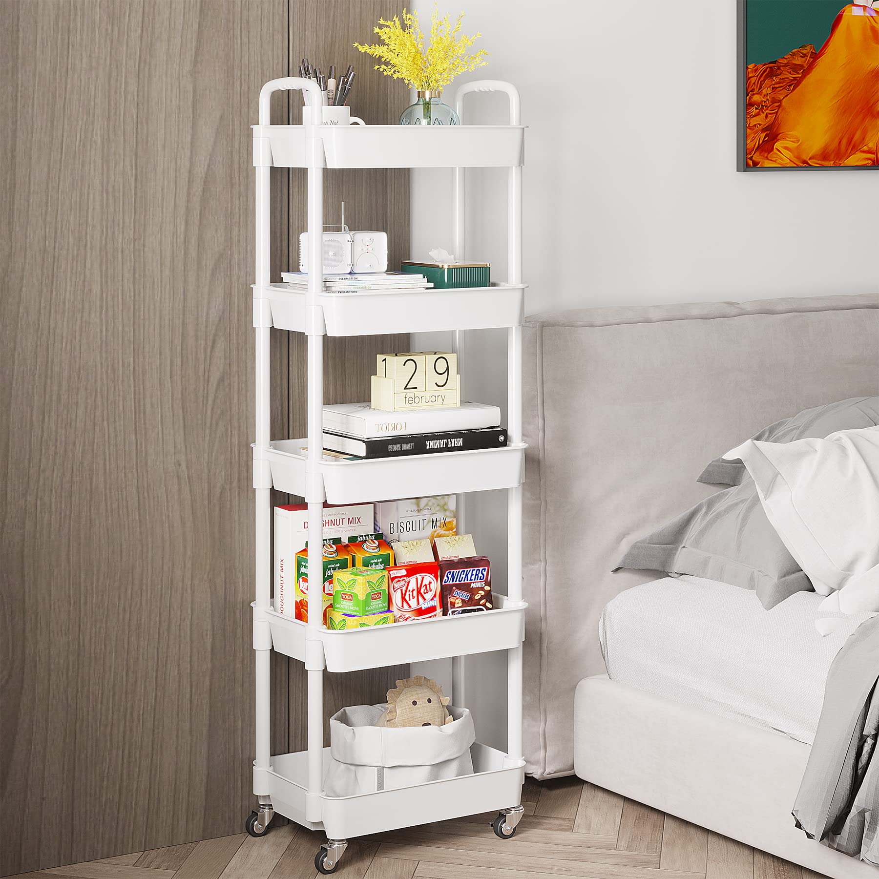 Buzowruil 5-Tier Utility Rolling Plastic Storage Cart Trolley with Lockable Wheels,Multifunctional Storage Shelves for Kitchen Living Room Office,White