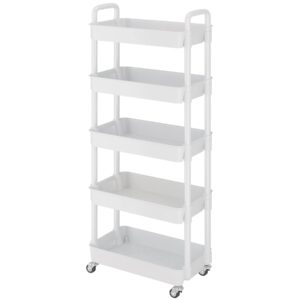 Buzowruil 5-Tier Utility Rolling Plastic Storage Cart Trolley with Lockable Wheels,Multifunctional Storage Shelves for Kitchen Living Room Office,White