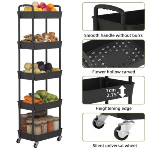 JIUYOTREE 5-Tier Rolling Storage Cart Utility Cart with Lockable Wheels for Living Room Bathroom Kitchen Office Black