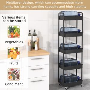 JIUYOTREE 5-Tier Rolling Storage Cart Utility Cart with Lockable Wheels for Living Room Bathroom Kitchen Office Black