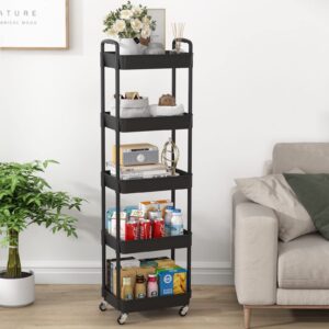 JIUYOTREE 5-Tier Rolling Storage Cart Utility Cart with Lockable Wheels for Living Room Bathroom Kitchen Office Black