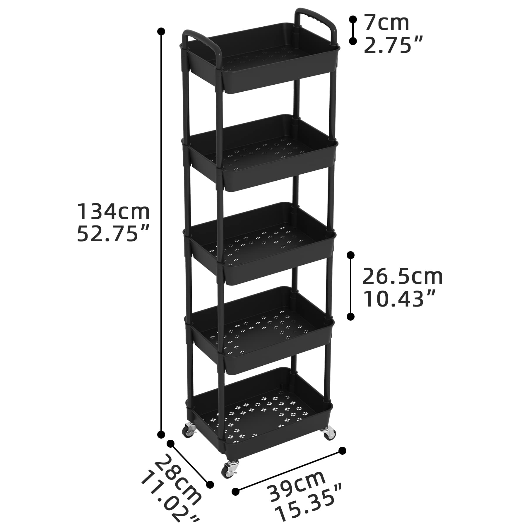 JIUYOTREE 5-Tier Rolling Storage Cart Utility Cart with Lockable Wheels for Living Room Bathroom Kitchen Office Black