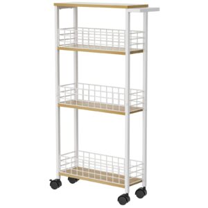 LUMAMU Slim Storage Cart for Small Spaces, 4 Tier Mobile Rolling Cart with Wheels Slide Out Storage Utility Shelves Cart with Wooden for Kitchen Bathroom (White)