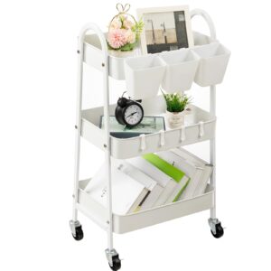 danpinera 3-tier rolling cart, metal rolling storage cart with lockable wheels & hanging cups & hooks, mobile trolley cart for kitchen, bathroom, office, workshop, white