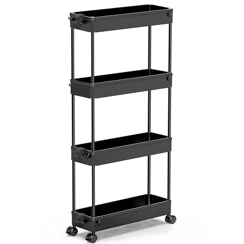 SPACEKEEPER Slim Rolling Storage Cart 4 Tier Organizer Mobile Shelving Unit Utility Cart Tower Rack for Kitchen Bathroom Laundry Narrow Places, Black