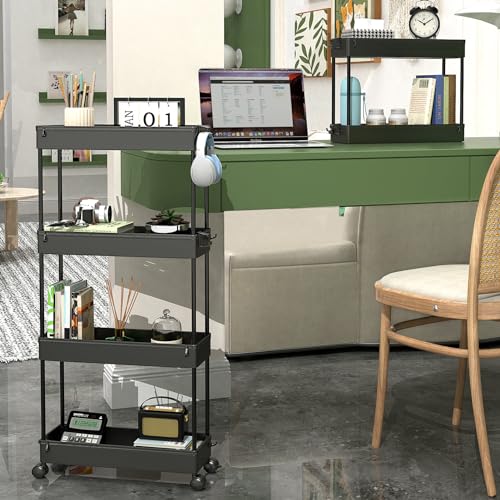 SPACEKEEPER Slim Rolling Storage Cart 4 Tier Organizer Mobile Shelving Unit Utility Cart Tower Rack for Kitchen Bathroom Laundry Narrow Places, Black