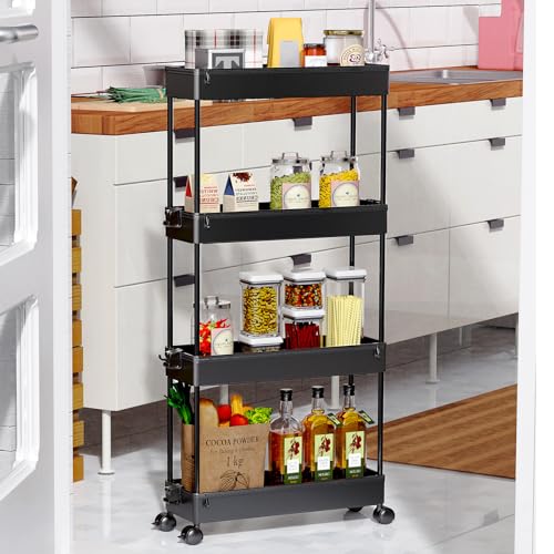 SPACEKEEPER Slim Rolling Storage Cart 4 Tier Organizer Mobile Shelving Unit Utility Cart Tower Rack for Kitchen Bathroom Laundry Narrow Places, Black